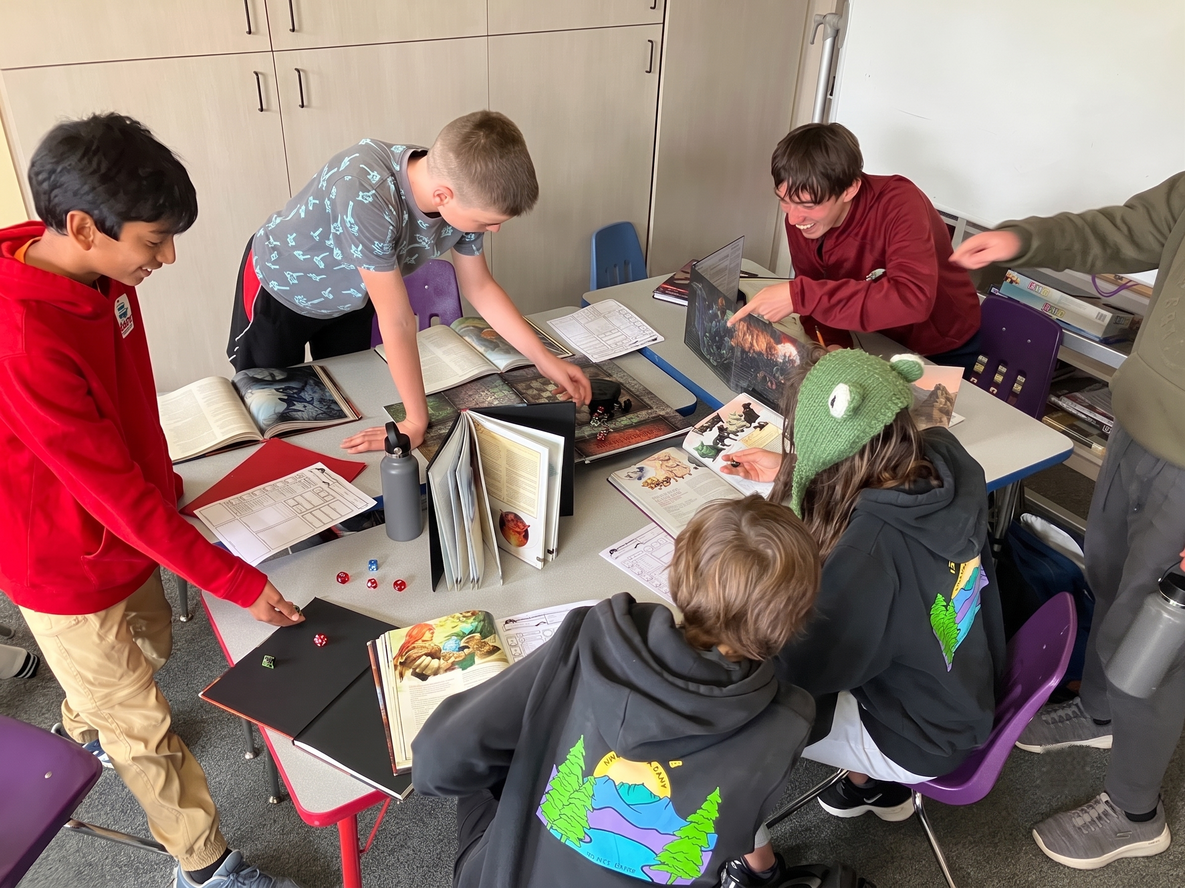Students gathered around a tabletop role-playing game after school